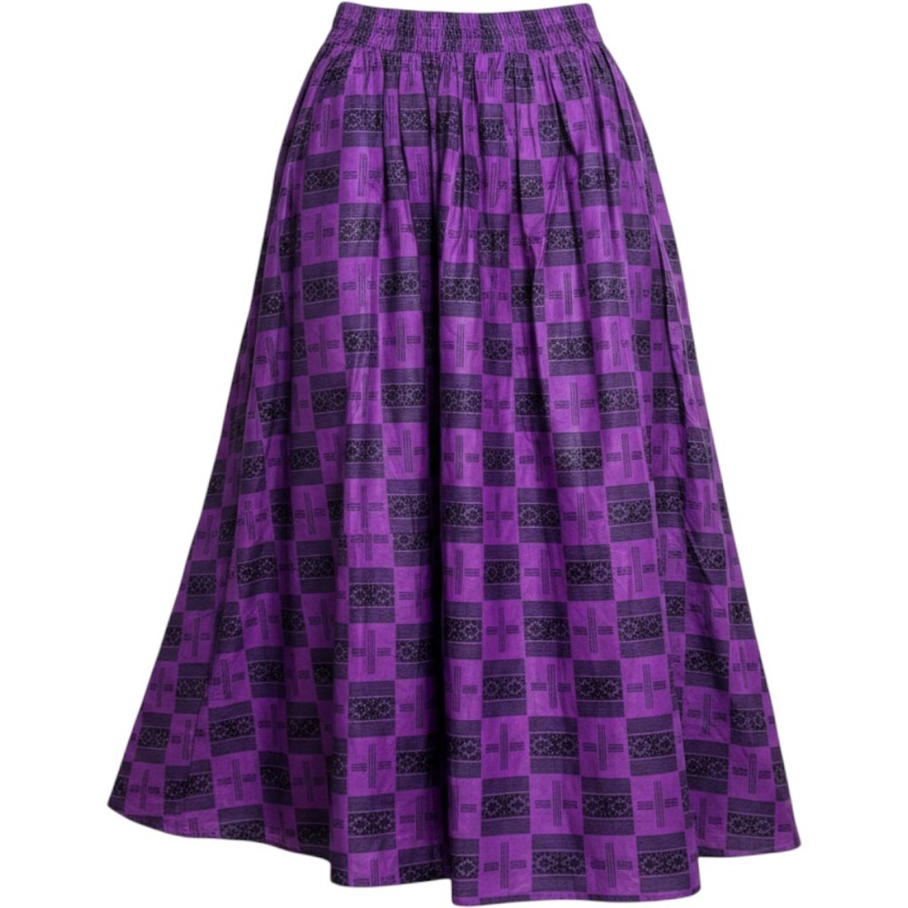 Handmade Purple Black Geometric Block Print Maxi Skirt Elastic Waist with Belt